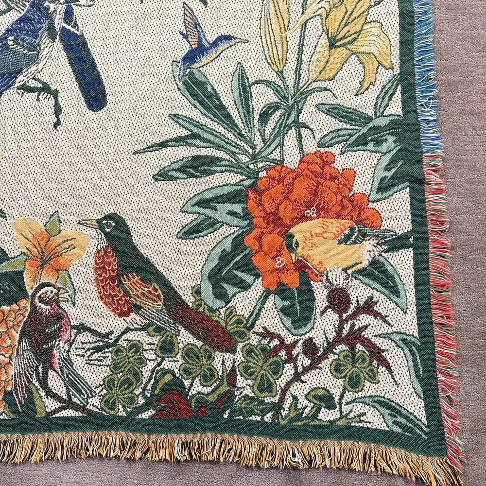 Vintage Nature Bird & Flower Woven Tapestry Throw Blanket Fringed 46
